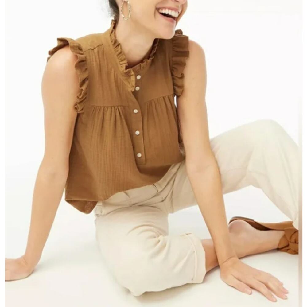 J. Crew Factory Ruffle Sleeveless Cotton Blouse in Caramel Brown